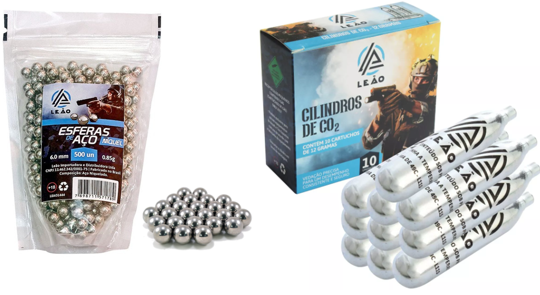 Kit 10 cilindros CO2 12g e 500 esferas de aço 6mm