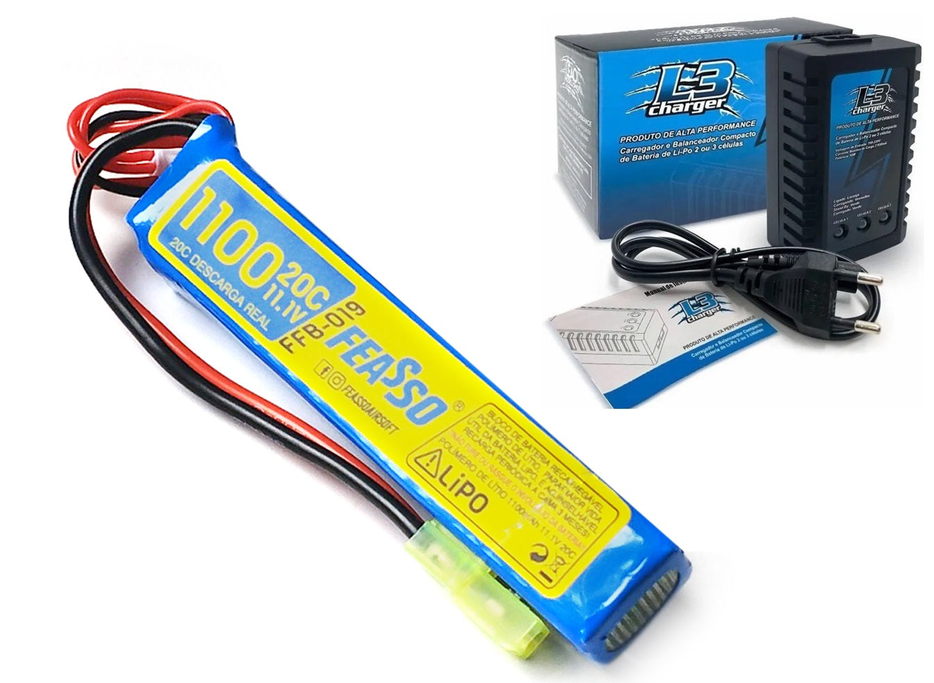 Kit carregador + Bateria de Lipo  Feasso 11,1V 1S 1100mah Rifle Airsoft