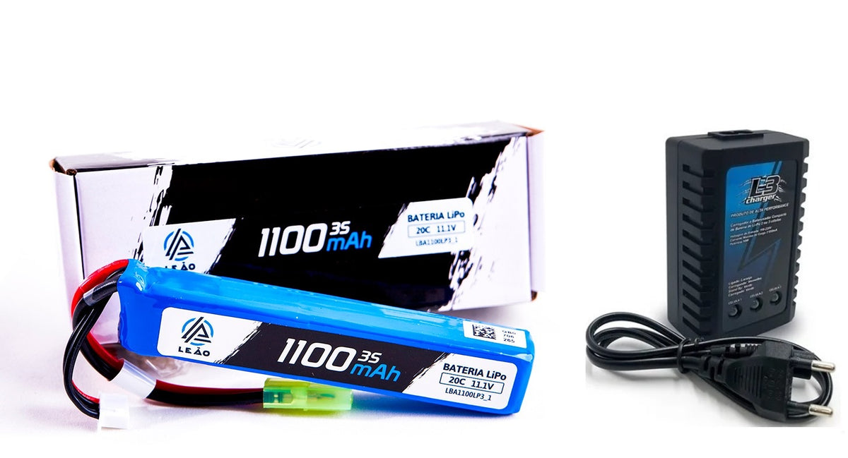 Kit carregador + Bateria de Lipo - Leão - 11,1V  1S  1100mah